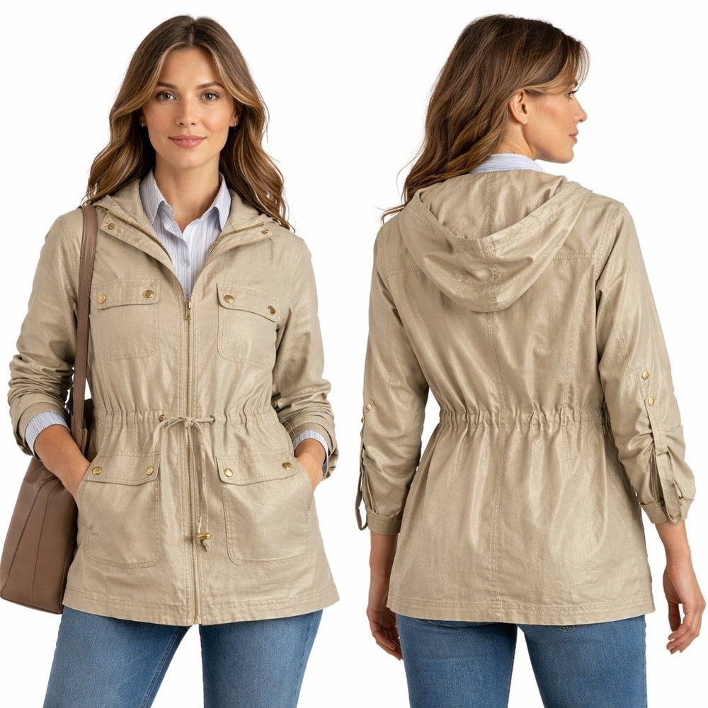 TravelSmith Jacket Womens Small Gold Shimmer Linen‎ Blend Hooded Utility Jacket